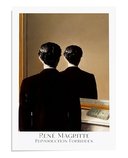 A surrealist painting featuring a man in a dark suit, standing with his back to the viewer in front of a mirror. In the reflection, the man is facing away from the mirror, looking at the back of his own head. A book labeled "Reproduction Forbidden" sits on the table beneath the mirror, creating a thought-provoking and paradoxical scene.