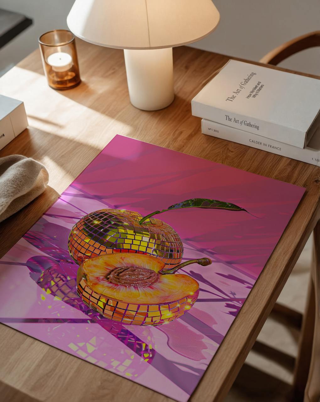 Colorful disco ball pumpkin on a pink background on a wooden table with books and a lamp.