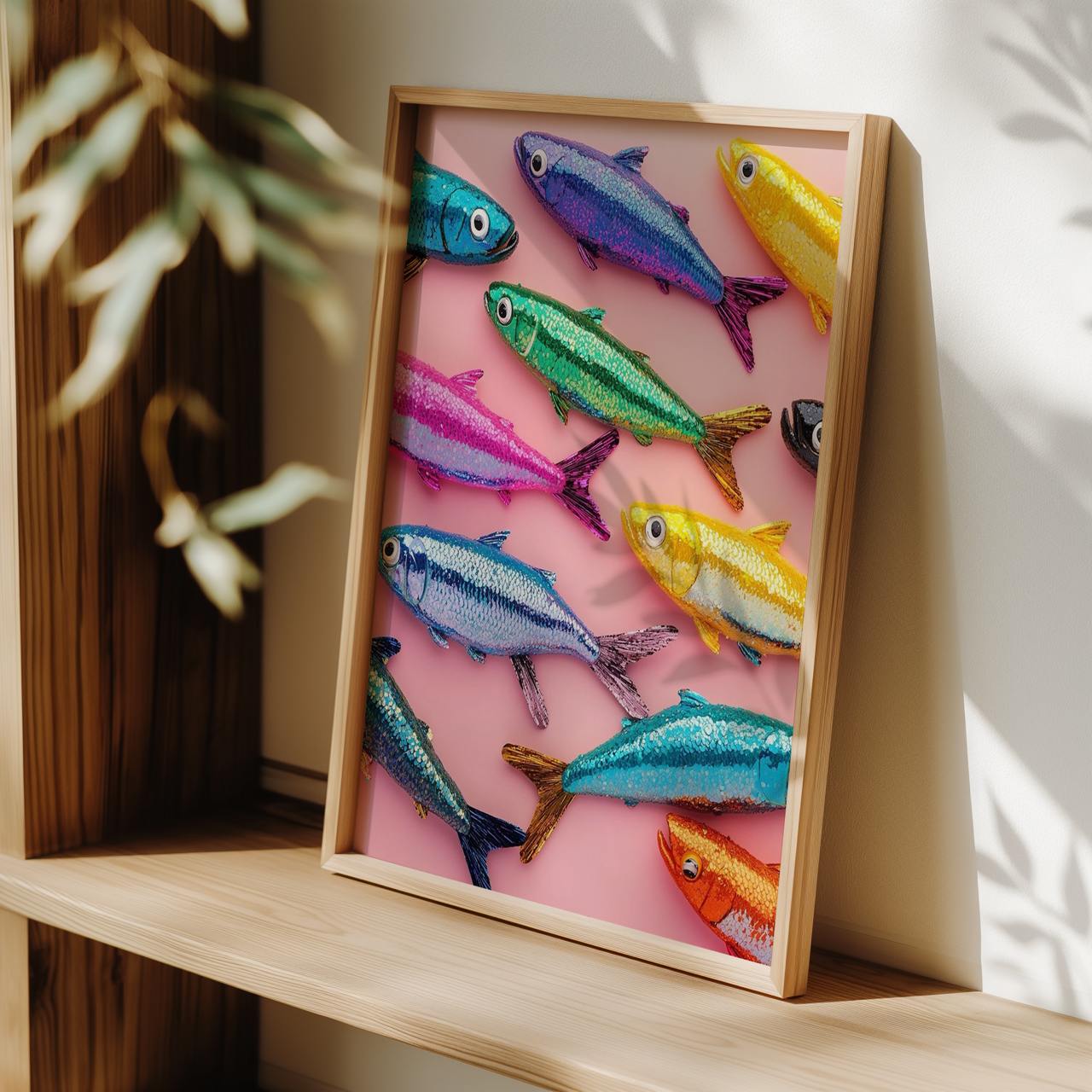 Colorful fish figurines in a wooden frame on a shelf