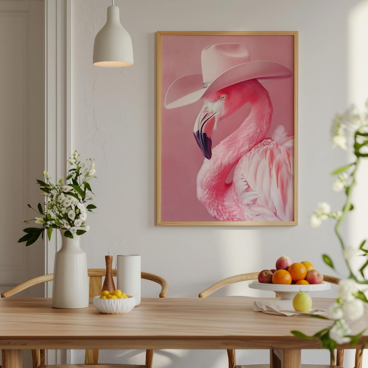 Dining room with a pink flamingo poster on the wall, wooden table, and decorative items.