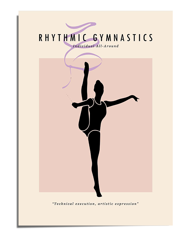 A silhouette of a rhythmic gymnast performing a standing split, balancing on one leg while holding the other extended high. The figure is set against a soft pink background, with a flowing ribbon illustration above. The words "Rhythmic Gymnastics" appear at the top, and a motivational quote is written at the bottom.