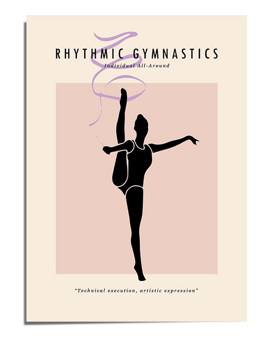 A silhouette of a rhythmic gymnast performing a standing split, balancing on one leg while holding the other extended high. The figure is set against a soft pink background, with a flowing ribbon illustration above. The words "Rhythmic Gymnastics" appear at the top, and a motivational quote is written at the bottom.