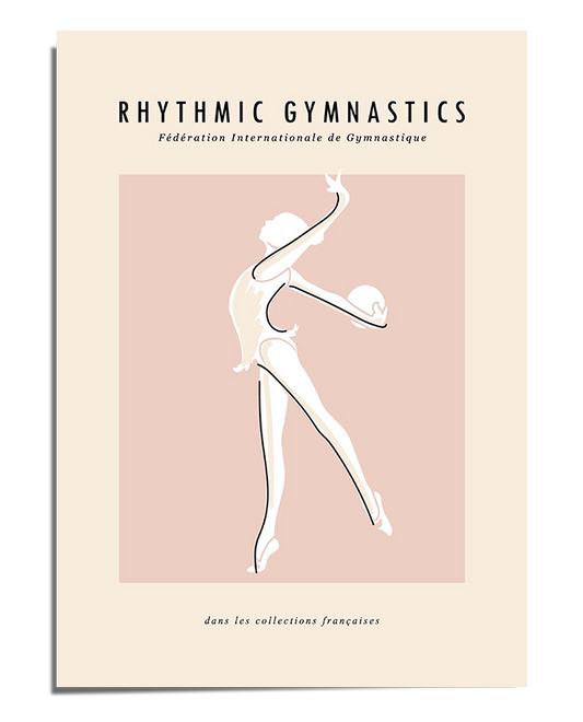 A stylized silhouette of a rhythmic gymnast performing a graceful pose with a ball. The figure is outlined in white with a soft shadow effect against a pastel pink background. The text "Rhythmic Gymnastics" appears at the top, with an inspirational quote below.