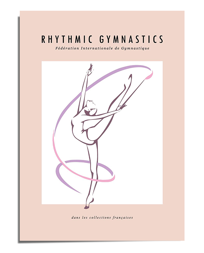 A minimalist line drawing of a rhythmic gymnast performing a high leg extension while holding a swirling ribbon. Her body is outlined with fluid, delicate strokes that capture balance and movement. The background is soft blush pink with subtle typography at the top reading "Rhythmic Gymnastics," adding a modern and refined touch to the composition.