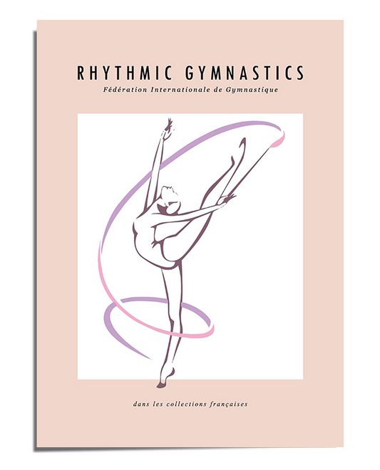 A minimalist line drawing of a rhythmic gymnast performing a high leg extension while holding a swirling ribbon. Her body is outlined with fluid, delicate strokes that capture balance and movement. The background is soft blush pink with subtle typography at the top reading "Rhythmic Gymnastics," adding a modern and refined touch to the composition.