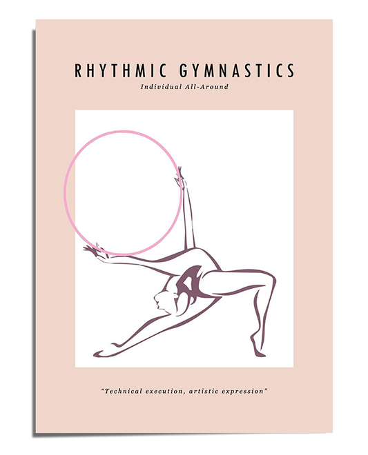 A minimalist line-art illustration of a rhythmic gymnast in an elegant split leap, balancing a hoop in one hand. The figure is outlined in black with soft pink shading, set against a neutral background. The text "Rhythmic Gymnastics" is displayed at the top, with a small inspirational quote at the bottom.