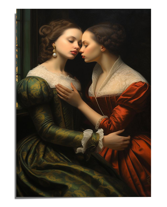 A finely detailed painting of two women in Renaissance-style dresses embracing intimately. One wears a deep green gown with golden embroidery, while the other wears a rich red dress with delicate lace cuffs. Their faces are close, eyes closed, sharing a moment of affection. The background is softly shadowed, emphasizing the warm tones and rich textures of their clothing.