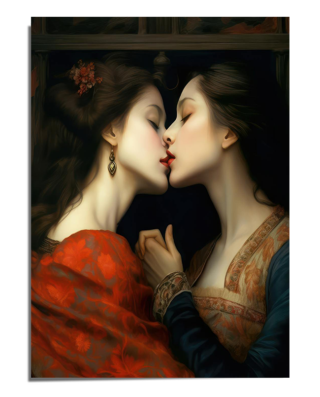 A classical-style painting featuring two women dressed in elegant Renaissance clothing. One woman in a red gown leans forward with her eyes closed, while the other, in a blue and gold dress, tilts her head gently toward her. The soft lighting and warm tones enhance the intimate and romantic atmosphere of the scene.