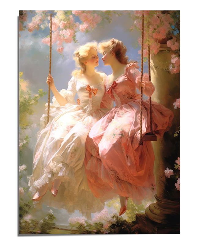 A soft, luminous painting of two elegantly dressed women seated on a swing, dressed in flowing pastel gowns, one in pink and the other in white. They gaze at each other with gentle expressions, surrounded by blooming cherry blossoms and golden sunlight. The dreamy background enhances the fairy-tale-like ambiance of the scene.