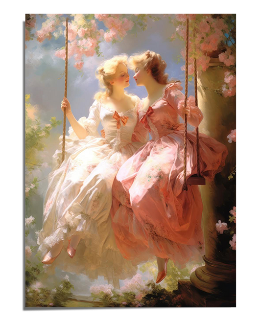 A soft, luminous painting of two elegantly dressed women seated on a swing, dressed in flowing pastel gowns, one in pink and the other in white. They gaze at each other with gentle expressions, surrounded by blooming cherry blossoms and golden sunlight. The dreamy background enhances the fairy-tale-like ambiance of the scene.