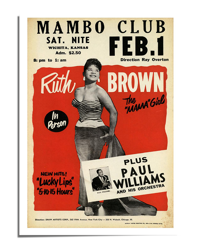 A vintage concert poster featuring Ruth Brown in a full-body black-and-white photograph, smiling confidently in a stylish dress. The background has bold red and cream colors with classic retro typography announcing her performance at the "Mambo Club." Additional details about the show, including featured hits and supporting artist "Paul Williams and His Orchestra," are displayed in a mix of fonts and design elements, creating a nostalgic mid-century aesthetic.