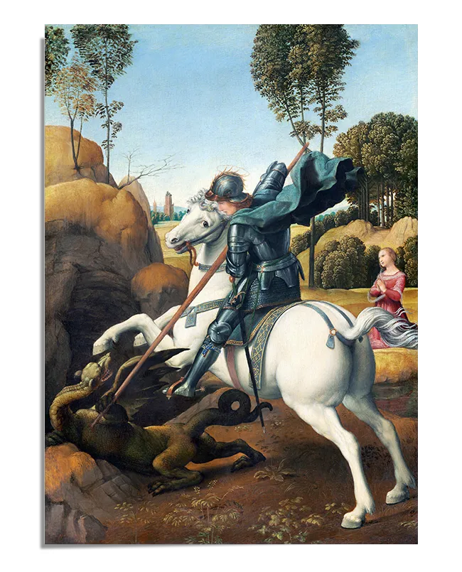 A Renaissance oil painting featuring Saint George in black armor, riding a white horse as he thrusts a long spear into a dragon beneath him. The dragon is dark, reptilian, and writhing in agony. A noblewoman in a flowing pink dress kneels in the background, watching the battle. The landscape includes rolling hills, trees, and a castle in the distance, creating a sense of depth and grandeur.