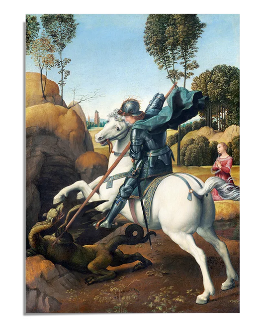 A Renaissance oil painting featuring Saint George in black armor, riding a white horse as he thrusts a long spear into a dragon beneath him. The dragon is dark, reptilian, and writhing in agony. A noblewoman in a flowing pink dress kneels in the background, watching the battle. The landscape includes rolling hills, trees, and a castle in the distance, creating a sense of depth and grandeur.