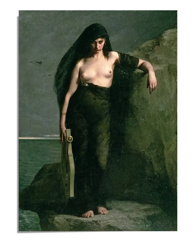 A painting of a woman with long dark hair, standing on a rock by the sea. She holds a lyre in one hand, and her body is partially draped in dark cloth. The background features a calm ocean and distant birds, with the focus on the figure's strong yet contemplative pose. The dark colors of the rock and sea contrast with the softer tones of her figure, adding to the emotional intensity of the scene.