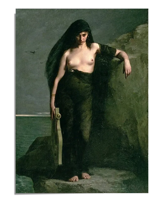 A painting of a woman with long dark hair, standing on a rock by the sea. She holds a lyre in one hand, and her body is partially draped in dark cloth. The background features a calm ocean and distant birds, with the focus on the figure's strong yet contemplative pose. The dark colors of the rock and sea contrast with the softer tones of her figure, adding to the emotional intensity of the scene.