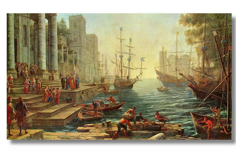 A classical painting depicting a vibrant seaport with ships docked along the water, their sails raised and adorned with flags. A grand stone staircase leads to towering classical buildings, where elegantly dressed figures gather. People are seen loading goods onto boats, conversing, and preparing for embarkation.