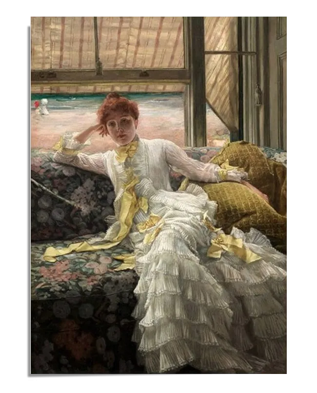 A classical painting featuring a woman with red hair reclining on a floral-patterned sofa. She wears an elegant white dress with cascading ruffles and yellow ribbon accents. Her pose is relaxed, with one hand resting near her face, and she gazes into the distance. The background features a large window with a glimpse of a seaside view, adding a serene and atmospheric touch.