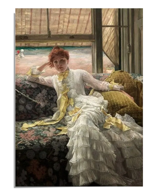 A classical painting featuring a woman with red hair reclining on a floral-patterned sofa. She wears an elegant white dress with cascading ruffles and yellow ribbon accents. Her pose is relaxed, with one hand resting near her face, and she gazes into the distance. The background features a large window with a glimpse of a seaside view, adding a serene and atmospheric touch.