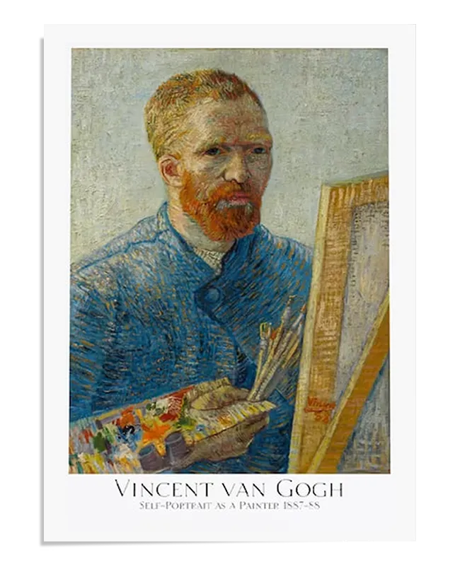 A Post-Impressionist self-portrait of Vincent van Gogh, showing the artist holding a palette in front of a canvas. His red beard and blue coat are painted with expressive brushstrokes, reflecting his intense emotional connection to his work. The background is filled with thick strokes of color, emphasizing van Gogh’s unique artistic style and self-reflection.