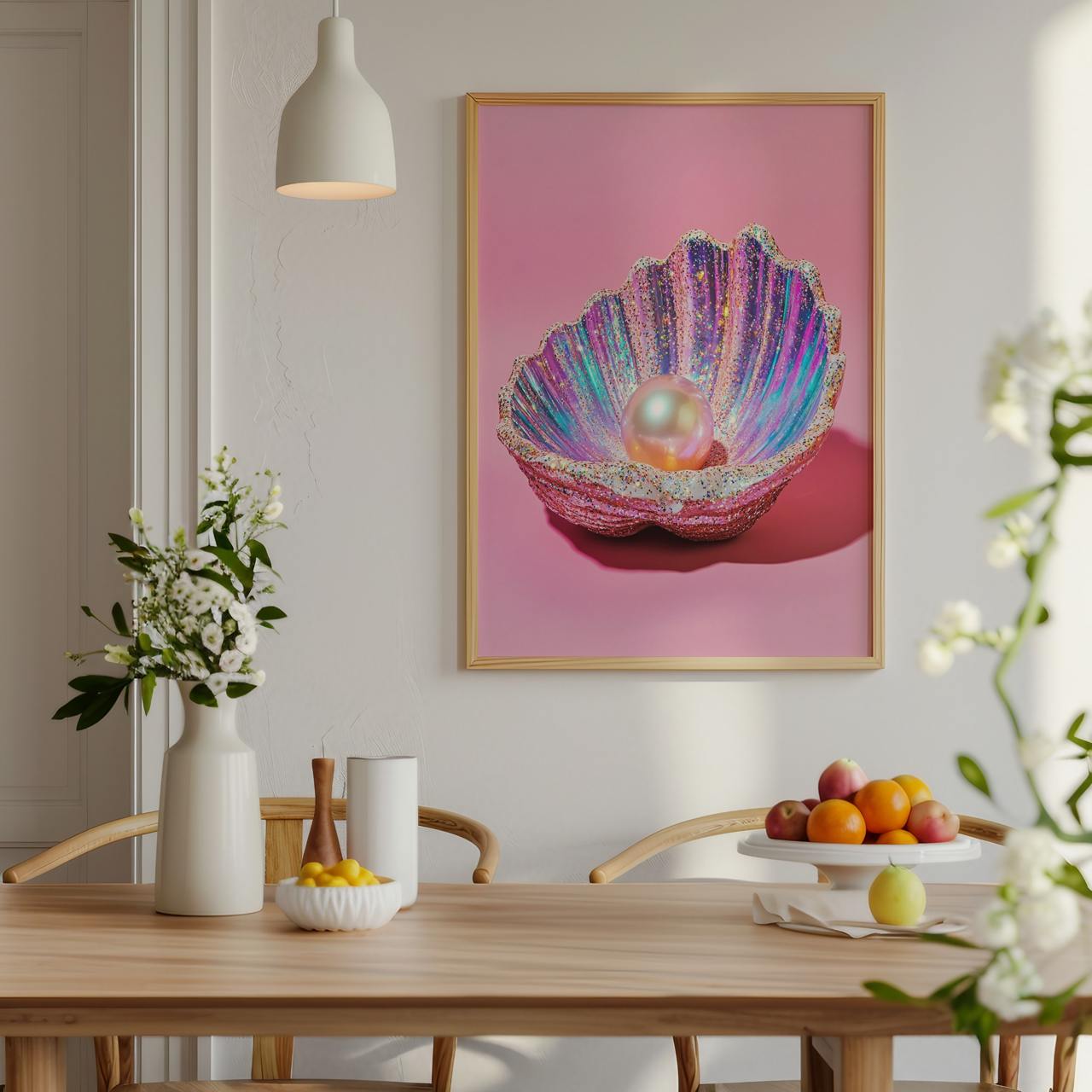 Dining room with a table, chairs, and a colorful shell artwork on the wall.
