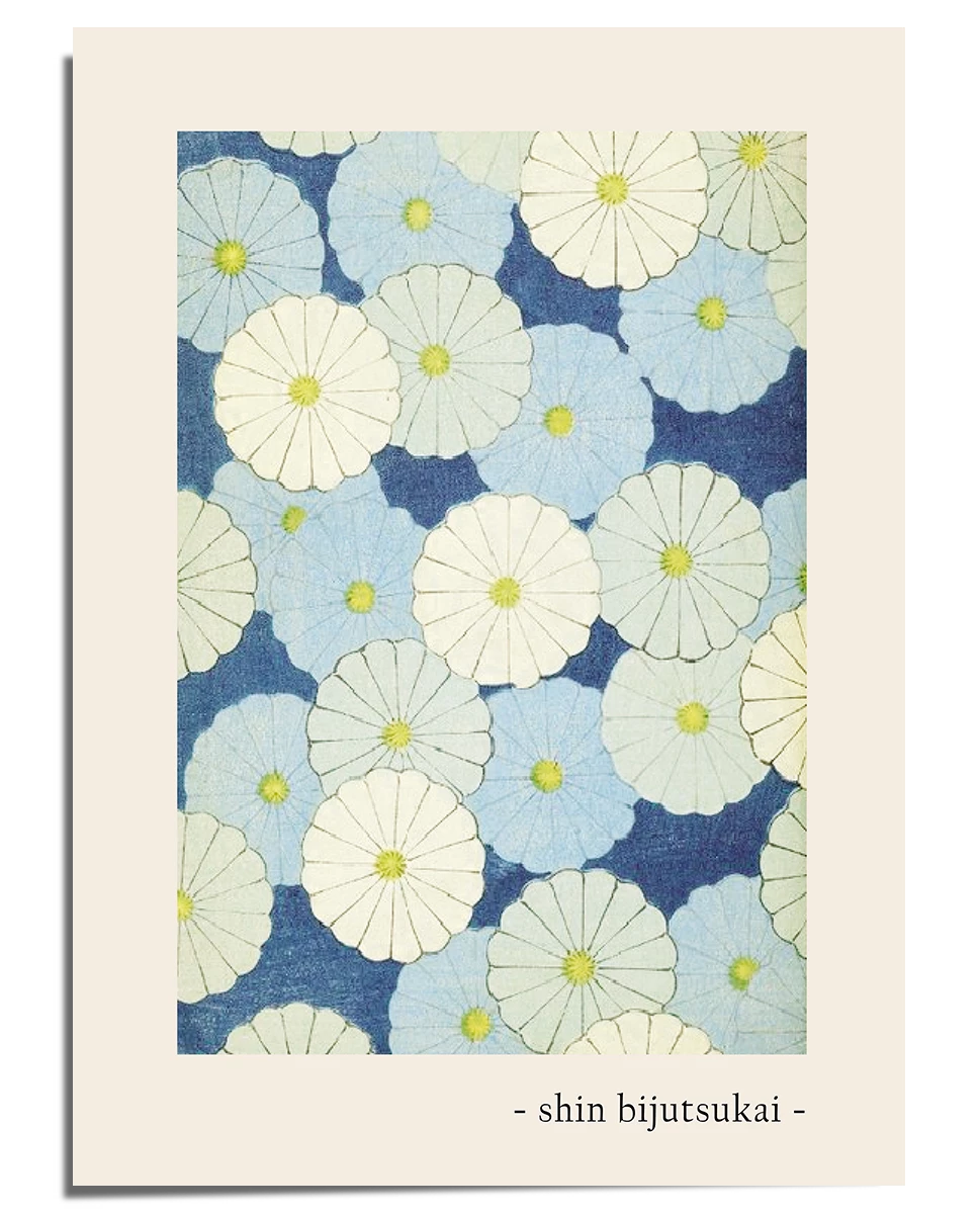 A traditional Japanese-style artwork featuring a repeating floral pattern of white and light blue chrysanthemum flowers. The petals are finely detailed, and the flowers are arranged against a deep blue background, creating a striking yet harmonious contrast. The design is framed by a cream-colored border with the title "Shin Bijutsukai" written at the bottom in a simple, elegant font.