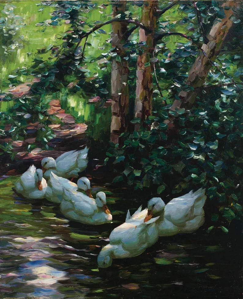 A painting of six white ducks floating on a calm pond, surrounded by lush green foliage. Sunlight filters through the leaves, casting reflections on the water. In the background, a group of slender trees stands tall, partially covered by dense ivy. The ducks appear relaxed, with some resting their heads on the water, creating a peaceful and natural scene.
