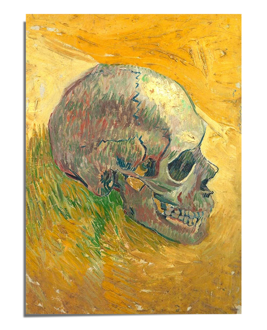 A post-impressionist painting featuring a human skull painted in bold strokes of green, blue, and red. The skull is set against a textured golden-yellow background, with expressive brushwork creating movement and depth. The side profile of the skull reveals its detailed structure, with hollow eye sockets and defined teeth, giving the composition a dramatic and thought-provoking presence.