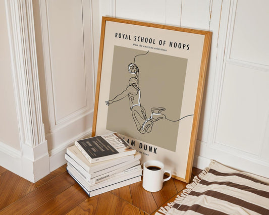 A stylized minimalist illustration of a basketball player mid-air performing a slam dunk. The design is created using a single continuous black line over a neutral beige background. The figure is athletic and in motion, with a basketball raised in one hand as they approach the hoop. Text on the poster reads “Royal School of Hoops – Slam Dunk – Heritage of the Game 1949.