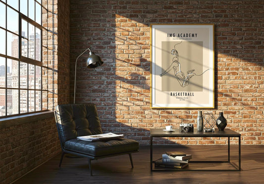 Modern living room with brick wall, sofa, coffee table, and framed poster.