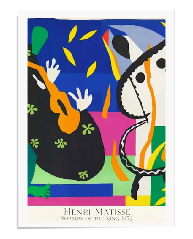 A colorful abstract artwork created with paper cut-outs, featuring bold geometric and organic shapes in bright blues, yellows, greens, and pinks. The composition includes abstract human forms, musical elements like a guitar, and expressive curved lines, arranged in a dynamic and rhythmic layout. The artwork conveys movement, energy, and modern artistic expression.