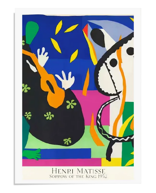A colorful abstract artwork created with paper cut-outs, featuring bold geometric and organic shapes in bright blues, yellows, greens, and pinks. The composition includes abstract human forms, musical elements like a guitar, and expressive curved lines, arranged in a dynamic and rhythmic layout. The artwork conveys movement, energy, and modern artistic expression.