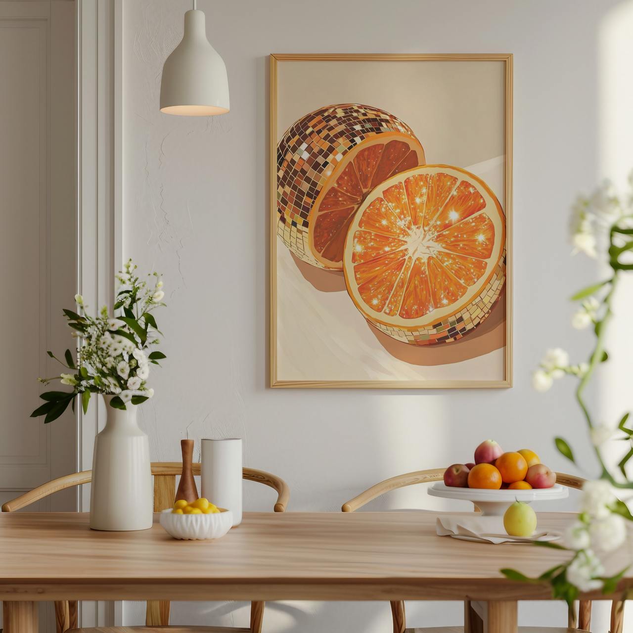 Dining room with a framed artwork of sliced oranges on the wall, a wooden table with fruit, and a vase.