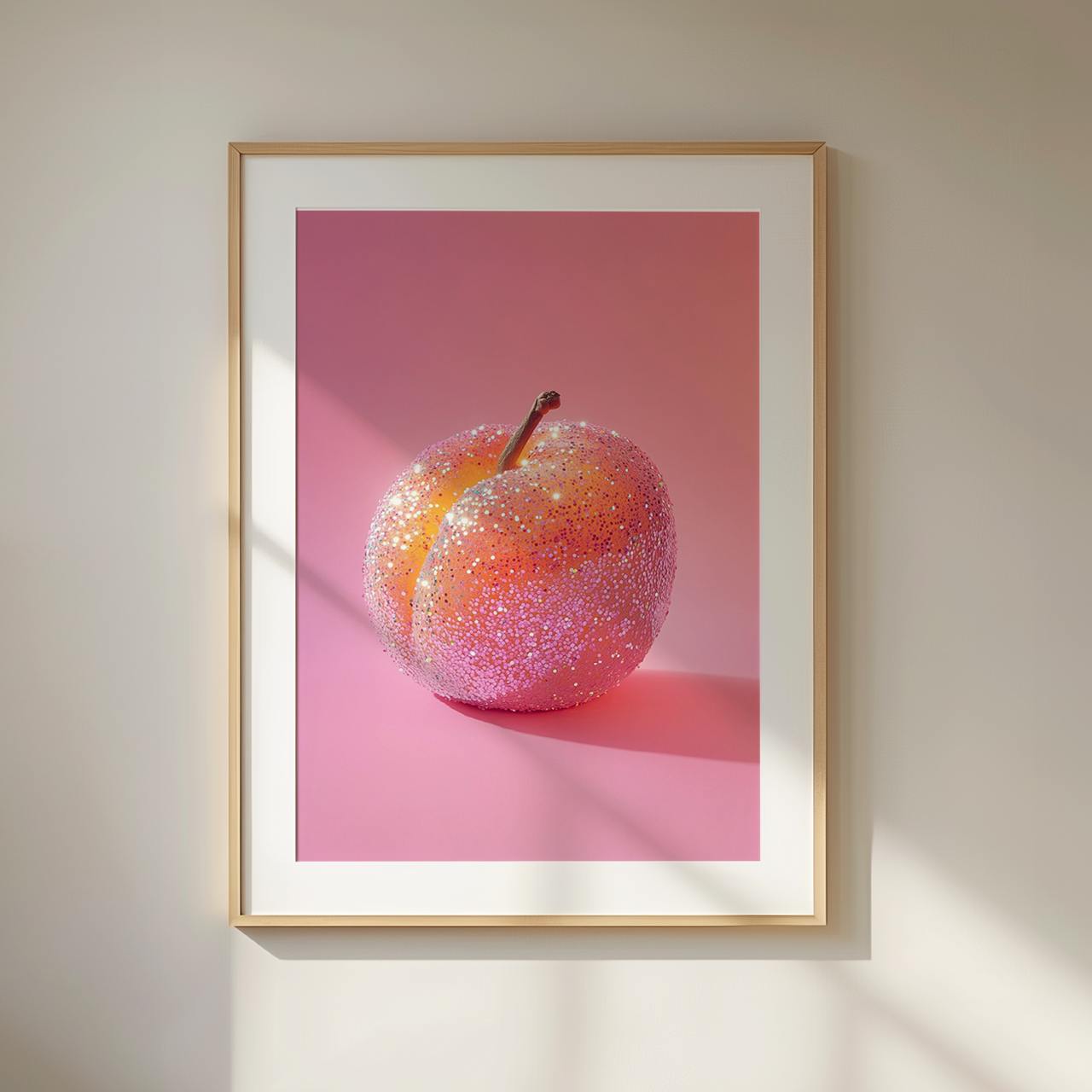 Framed artwork of a glittery plum on a pink background