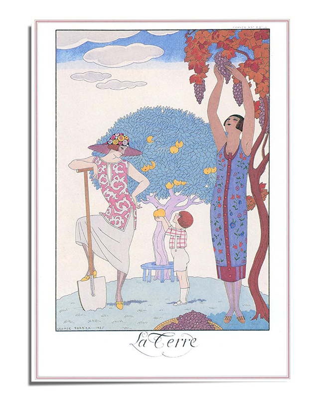 A vibrant Art Deco print by Georges Barbier, depicting two women in stylish attire tending to a garden with flowers and grapes. The scene captures the elegance of the 1920s, with soft blues and rich floral hues, offering a glimpse into a world of vintage beauty and timeless grace. Ideal for fashion and nature lovers, this print adds elegance to any space.