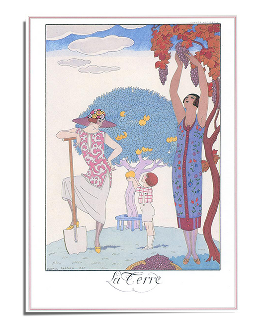 A vibrant Art Deco print by Georges Barbier, depicting two women in stylish attire tending to a garden with flowers and grapes. The scene captures the elegance of the 1920s, with soft blues and rich floral hues, offering a glimpse into a world of vintage beauty and timeless grace. Ideal for fashion and nature lovers, this print adds elegance to any space.