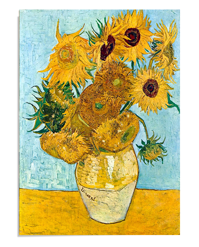 A painting of a bouquet of sunflowers in a rustic vase against a light blue background. The flowers are in full bloom, with their vibrant yellow petals contrasted by the green leaves. The composition captures the dynamic energy of nature in Van Gogh’s distinctive brushstroke style.