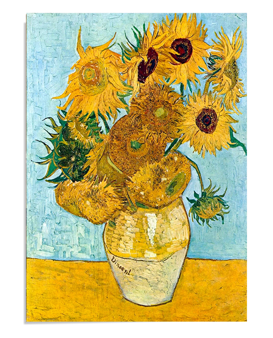 A painting of a bouquet of sunflowers in a rustic vase against a light blue background. The flowers are in full bloom, with their vibrant yellow petals contrasted by the green leaves. The composition captures the dynamic energy of nature in Van Gogh’s distinctive brushstroke style.