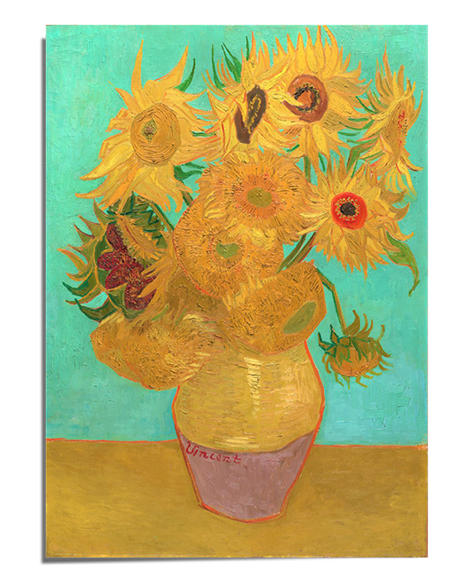 A post-impressionist painting featuring a bouquet of golden-yellow sunflowers in a round ceramic vase. The flowers are arranged in different stages of bloom, with some petals open wide and others beginning to wilt. The background is a striking turquoise, contrasting with the warm tones of the flowers and the ochre tabletop. The expressive brushstrokes and textured paint application create depth and movement in the composition.