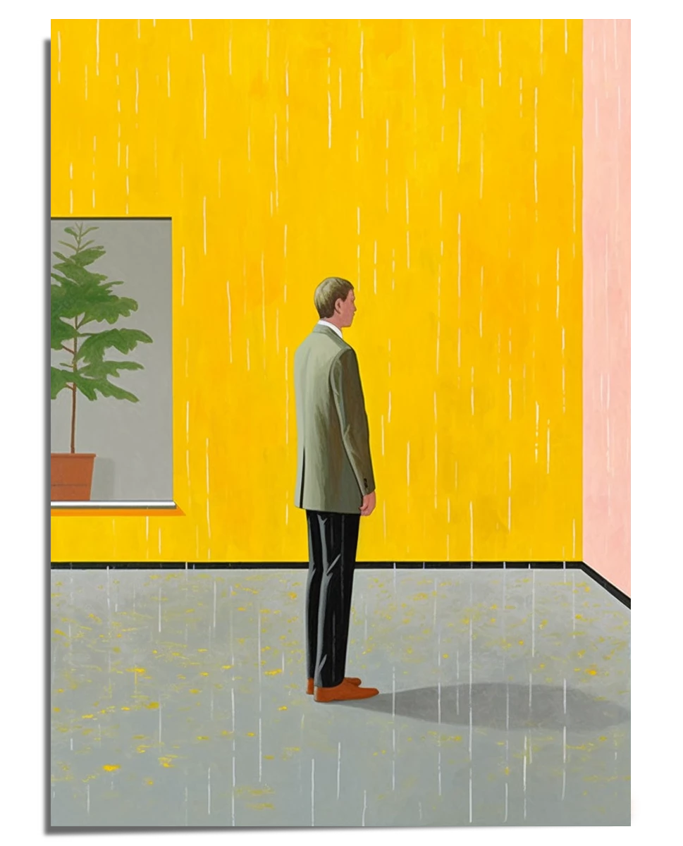 A surreal artwork featuring a man in a suit standing in an empty room with yellow walls and a gray floor. Rain is falling inside the room despite the enclosed space. A window on the left reveals a potted plant with green leaves, adding a contrast to the unusual indoor rain scene. The man's posture is neutral, as if contemplating the surreal environment.