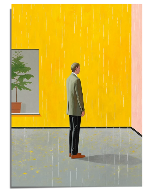 A surreal artwork featuring a man in a suit standing in an empty room with yellow walls and a gray floor. Rain is falling inside the room despite the enclosed space. A window on the left reveals a potted plant with green leaves, adding a contrast to the unusual indoor rain scene. The man's posture is neutral, as if contemplating the surreal environment.