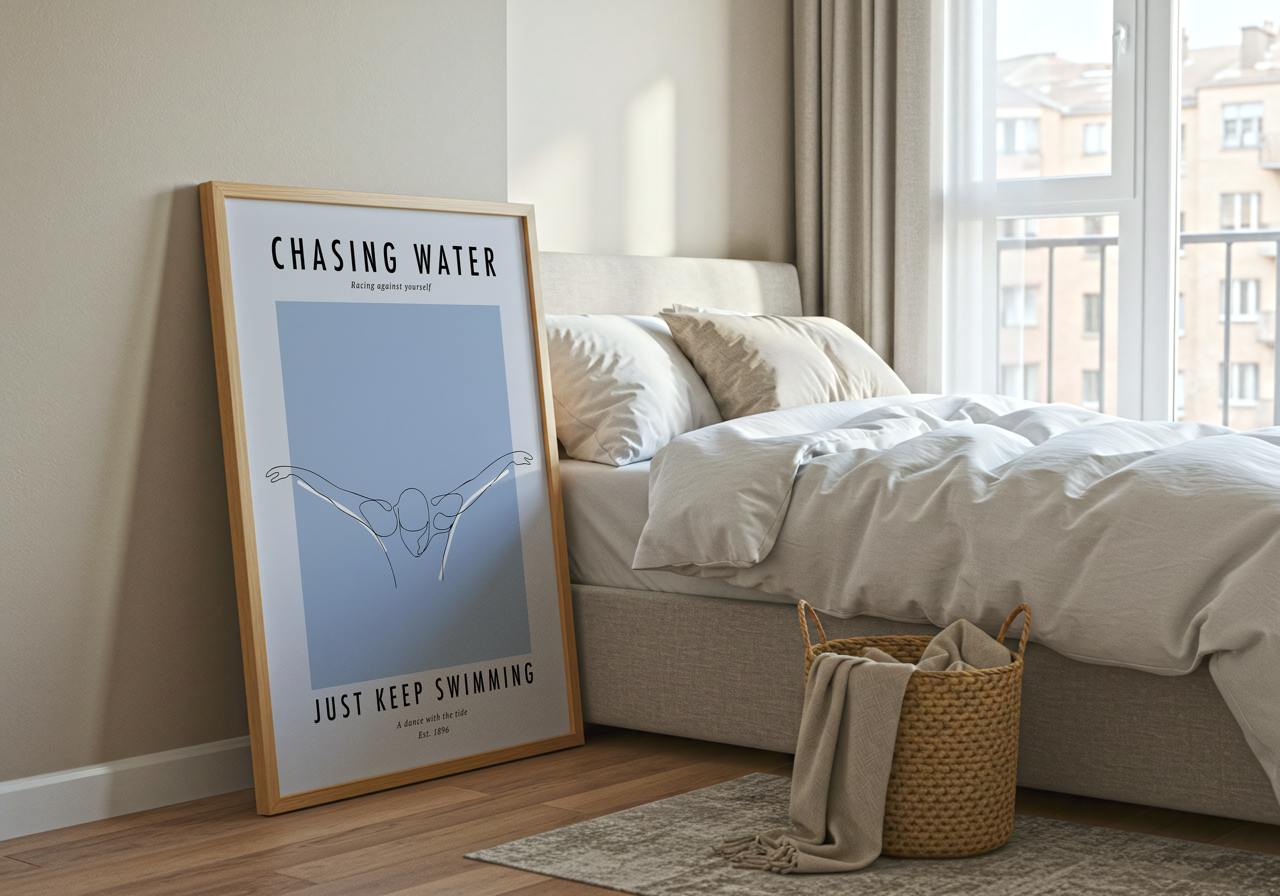 Framed poster with motivational quote in a bedroom setting
