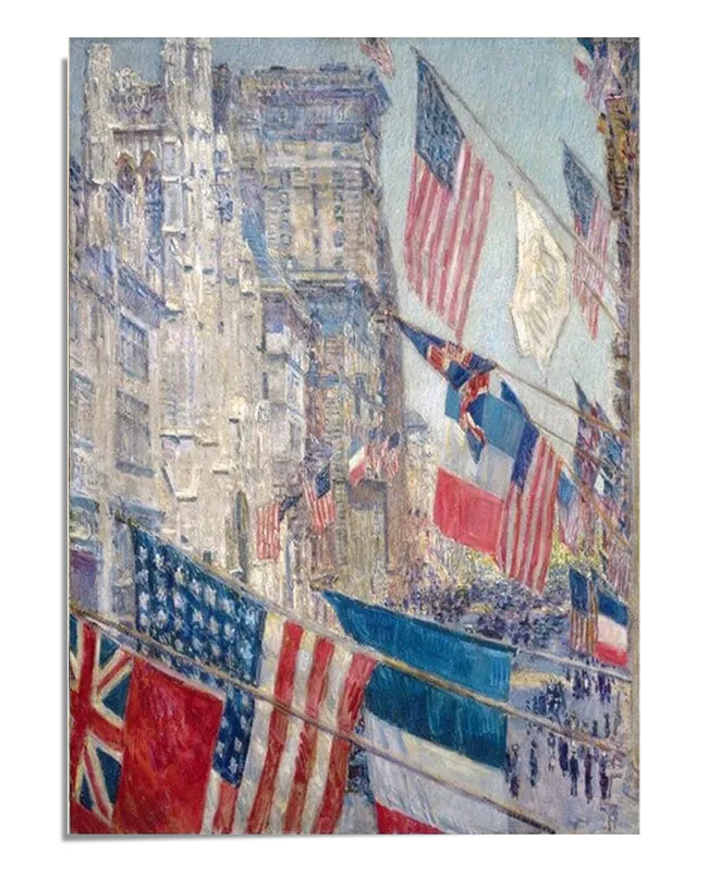 An Impressionist painting of a New York City street lined with flags of allied nations during World War I. The American, French, and British flags dominate the scene, waving against a backdrop of tall buildings and a clear blue sky. Below, a parade of people moves through the city, adding to the sense of celebration and historical significance.