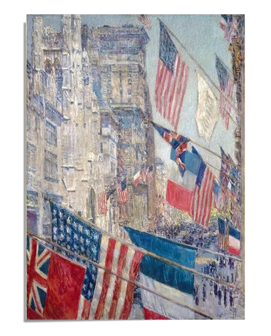 An Impressionist painting of a New York City street lined with flags of allied nations during World War I. The American, French, and British flags dominate the scene, waving against a backdrop of tall buildings and a clear blue sky. Below, a parade of people moves through the city, adding to the sense of celebration and historical significance.