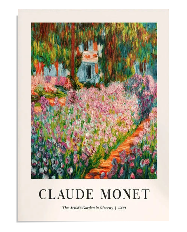 An Impressionist painting by Claude Monet depicting a vibrant garden in Giverny, France. The artwork features a rich blend of pinks, purples, and greens, with a lush garden path lined by colorful flowers. Monet’s fluid brushwork captures the play of light and shadow in the garden, creating a serene and tranquil atmosphere. Perfect for nature-inspired wall art and home decor, this fine art print brings the timeless beauty of Monet's garden to any space.