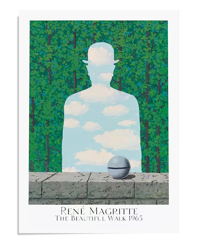 A surrealist painting featuring the silhouette of a man in a bowler hat, filled with blue sky and white clouds, standing against a background of dense green trees. In the foreground, a stone wall runs horizontally, with a metallic sphere resting on top. The composition plays with illusion and contrast, blending realism with abstraction in Magritte’s signature style.