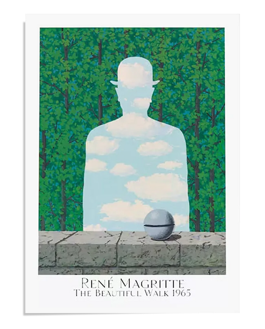 A surrealist painting featuring the silhouette of a man in a bowler hat, filled with blue sky and white clouds, standing against a background of dense green trees. In the foreground, a stone wall runs horizontally, with a metallic sphere resting on top. The composition plays with illusion and contrast, blending realism with abstraction in Magritte’s signature style.