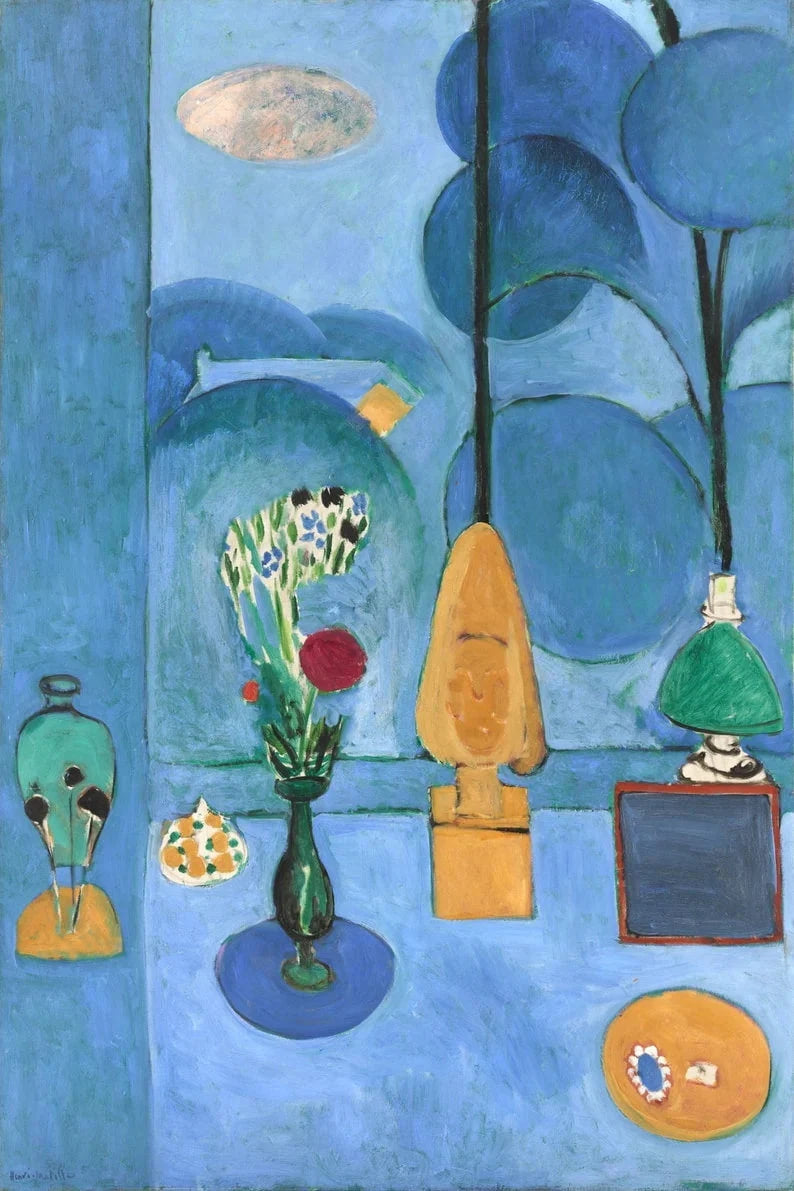 A modern still-life scene by Henri Matisse, featuring a window with vibrant blue hues, objects including a green vase with flowers, a lamp, and geometric shapes. The vivid colors and dynamic composition make this print a perfect addition to any contemporary or colorful home decor. Ideal for fans of modern art and still-life works.