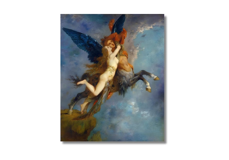 A dramatic painting featuring a winged centaur with blue feathers soaring into the sky while carrying a nude woman with flowing golden hair. She clings to the centaur’s upper body as they ascend through a dreamlike atmosphere of swirling blue clouds. The centaur’s body is powerful, blending human and horse forms, with intricate detailing in the wings and muscular structure. The painting exudes a mystical and fantastical energy.