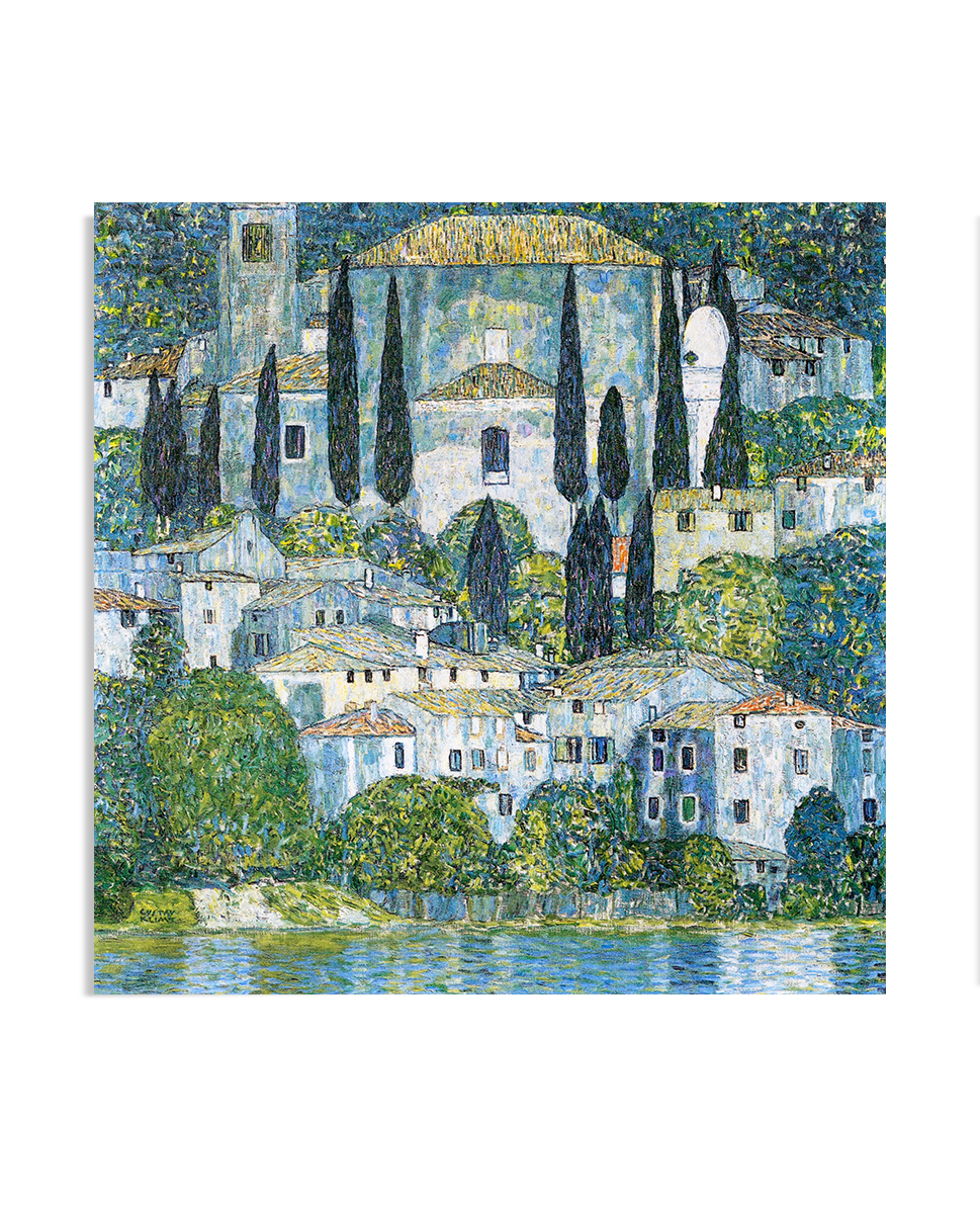 A serene landscape by Gustav Klimt featuring a quaint church surrounded by cypress trees, houses, and a calm lake. The vibrant colors and intricate details create a tranquil atmosphere, ideal for lovers of nature-inspired art. Perfect for adding elegance and peace to any space.