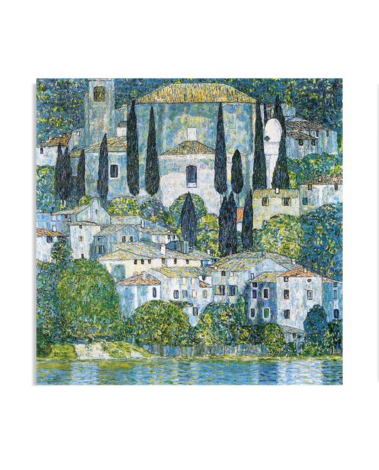 A serene landscape by Gustav Klimt featuring a quaint church surrounded by cypress trees, houses, and a calm lake. The vibrant colors and intricate details create a tranquil atmosphere, ideal for lovers of nature-inspired art. Perfect for adding elegance and peace to any space.